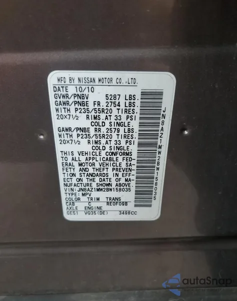 2011 Nissan Murano S from USA, damaged, VIN JN8AZ1MW2BW158035